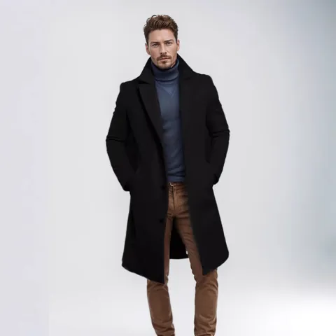 Men's Mid-Length Woolen Coat Solid Color Slim Fit Single Breasted British Style Thick Overcoat Winter Warm Windproof Jacket
