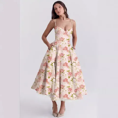 French Vintage Spaghetti Strap Midi Dress Sweetheart Neckline Corset Bodice Polyester Mesh Flared Floral Dress Party Wedding