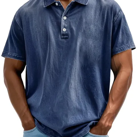 Polo en Coton Délavé Rétro Américain pour Hommes T-Shirt Décontracté à Manches Courtes Col à Revers Coupe Standard Couleur Unie Top à Boutons