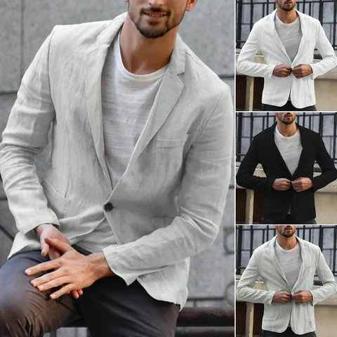 Men's Casual Blazer Jacket Thin Loose Solid Color Single Breasted British Style Top Autumn Lightweight Polyester Sport Coat