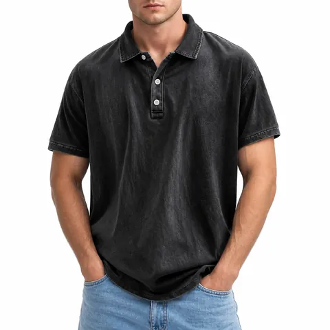 Polo en Coton Délavé Rétro Américain pour Hommes T-Shirt Décontracté à Manches Courtes Col à Revers Coupe Standard Couleur Unie Top à Boutons
