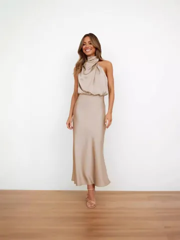 Damen Halterneck Satin Maxikleid Elegant Ärmellos Stehkragen Gerafftes Abendkleid Einfarbig Slim Fit Satinkleid