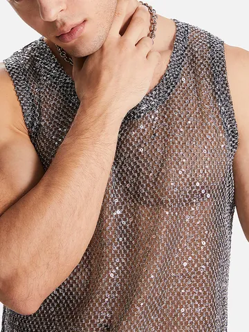 Men Sequined Mesh Tank Top See Through Sleeveless Shirt Hollow Out Clubwear Sparkly Silver Party Top Western Style Vest