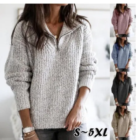 Pull en Tricot Décontracté en Mélange de Coton pour Femmes Col Montant Zippé Manches Longues Couleur Unie Top