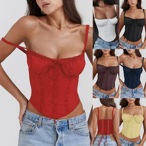 Top de Corsé Sexy de Patchwork de Encaje para Mujer Sin Mangas con Tirantes de Espagueti Cordones Lazo Frontal Ajuste Ceñido Camisola Moda de Verano
