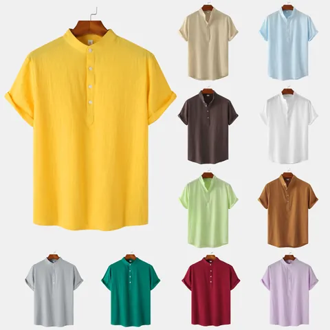 Chemise Décontractée en Mélange de Coton pour Hommes Col Montant Manches Courtes Été Respirant Couleur Unie Henley Top pour Hommes