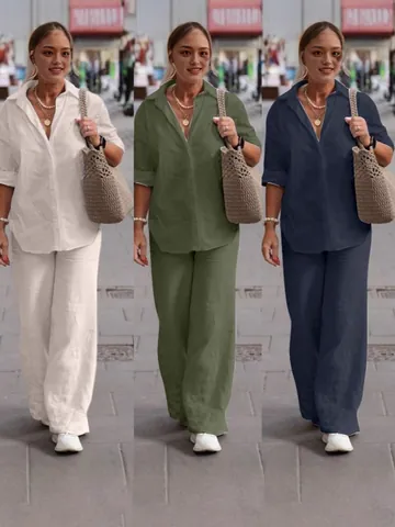 Mujer Casual Algodón Lino Top And Bottom Camisa de Manga Larga Con Solapa y Pantalones de Pierna Ancha Color Sólido Estilo Conmutar Conjunto Confort