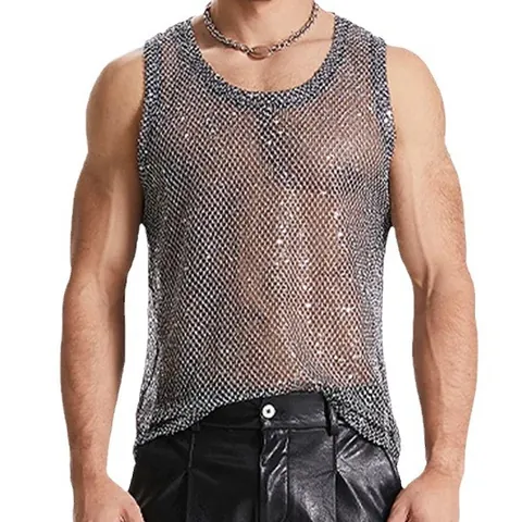 Men's Mesh See-Through Tank Top Heavy Craft Silver Sequined Sexy Sleeveless Vest Clubwear Streetwear Top