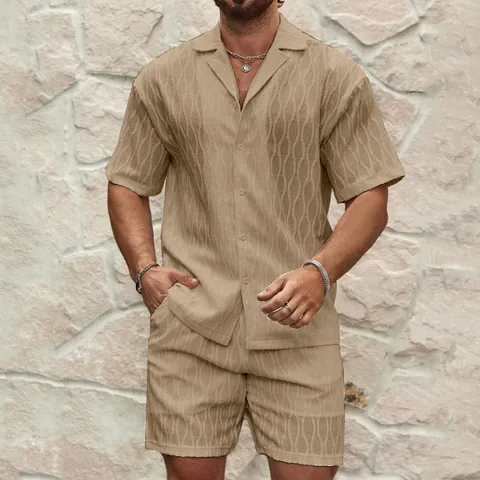 Ανδρικό Καλοκαιρινό Casual Top And Bottom Κυματιστή Υφή Κοντομάνικο Πουκάμισο Με Κουμπιά Και Σορτς Πολυεστέρας Αναπνεύσιμο Ένδυμα
