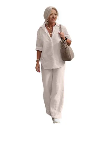 Mujer Casual Algodón Lino Top And Bottom Camisa de Manga Larga Con Solapa y Pantalones de Pierna Ancha Color Sólido Estilo Conmutar Conjunto Confort