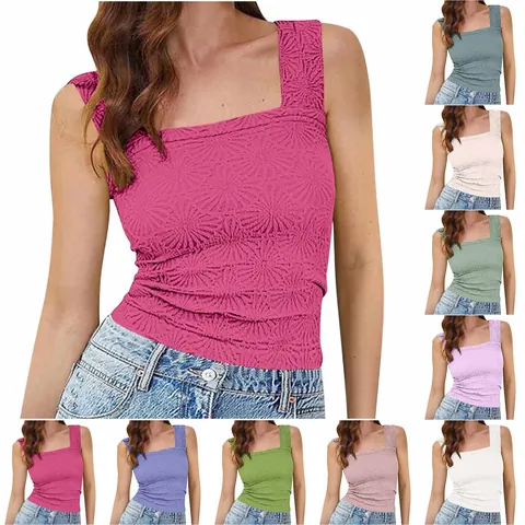 Dames Jacquard Bloem Vierkante Hals Tanktop Mouwloos Hoge Elasticiteit Slim Fit Polyester Spandex Camisole Zomer Mode Streetwear Top