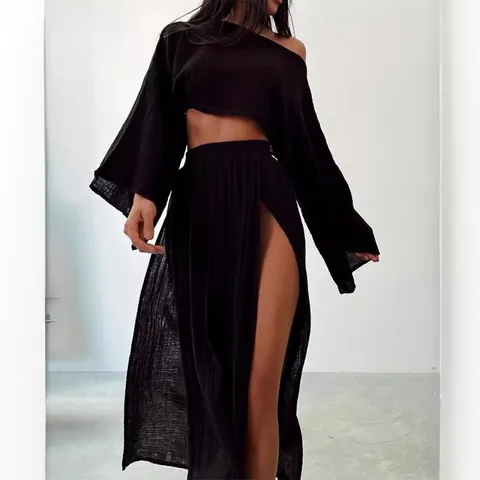 Women Casual Cotton Linen Blend Top And Bottom Crop Top And High Waist Side Slit Maxi Skirt Long Sleeve Vacation Apparel
