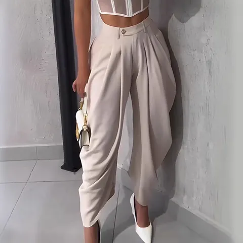 Women High Waist Tulip Pants Pleated Cropped Wide Leg Trousers Solid Color Urban Casual Ankle Length Bottom