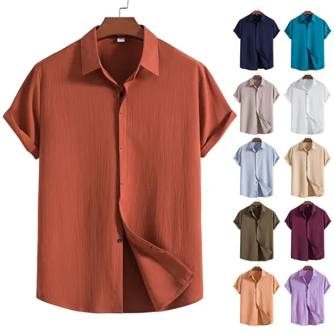 Men's Casual Short Sleeve Shirt Seersucker Texture Button Down Cotton Blend Slim Fit Solid Color Summer Beach Top