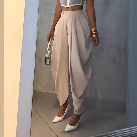 Women High Waist Tulip Pants Pleated Cropped Wide Leg Trousers Solid Color Urban Casual Ankle Length Bottom