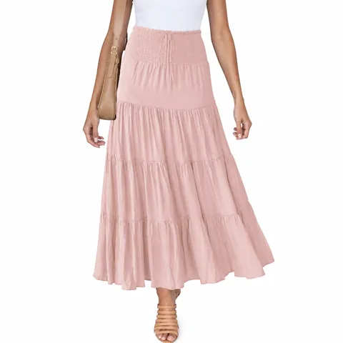 Jupe Longue à Étages Bohème à Taille Haute pour Femmes Été Élastique Smokée en A Jupe Longue Décontractée Couleur Unie Plage