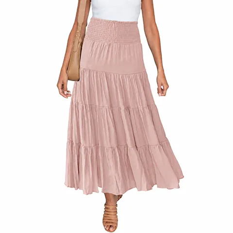 Jupe Longue à Étages Bohème à Taille Haute pour Femmes Été Élastique Smokée en A Jupe Longue Décontractée Couleur Unie Plage