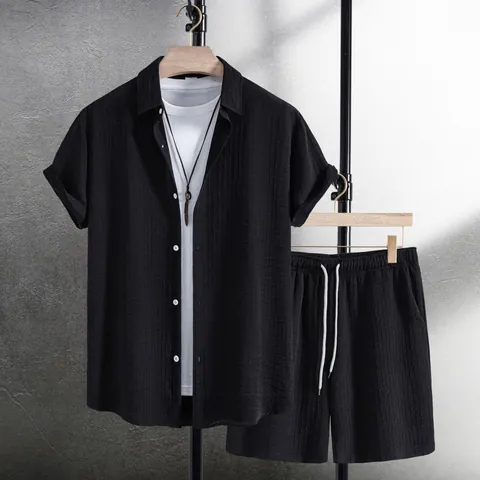 Men Casual Fashion Jacquard Short Sleeve Shirt And Shorts Set Cotton Blend Textured Two Piece Outfit Summer Wear For Men
