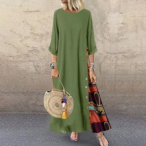 Vestido Largo Talla Grande Vintage para Mujer Patchwork Floral Algodón Lino Cuello Redondo Manga Tres Cuartos Botón Color Contraste Casual