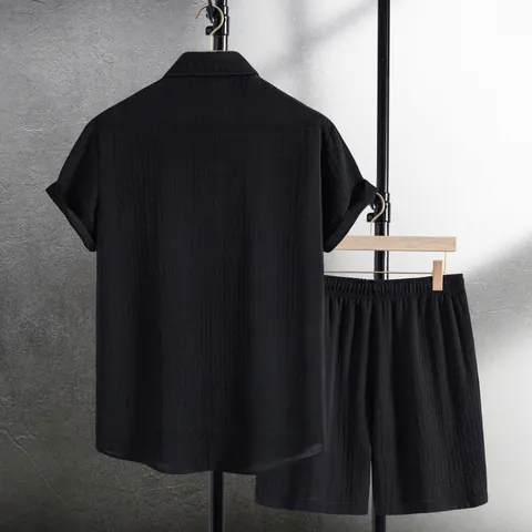 Men Casual Fashion Jacquard Short Sleeve Shirt And Shorts Set Cotton Blend Textured Two Piece Outfit Summer Wear For Men