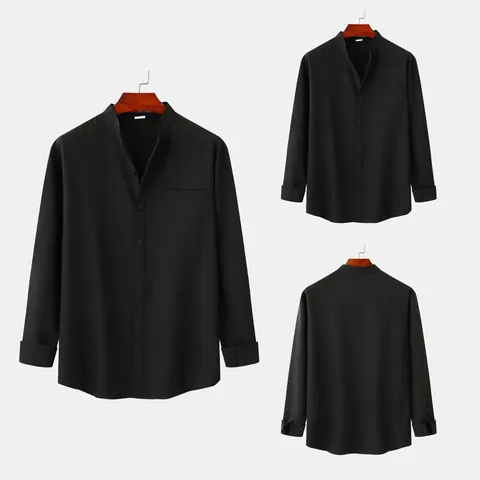 Chemise Décontractée en Coton Aspect Lin pour Hommes Couleur Unie Col Officier Manches Longues avec Poche Haut Casual