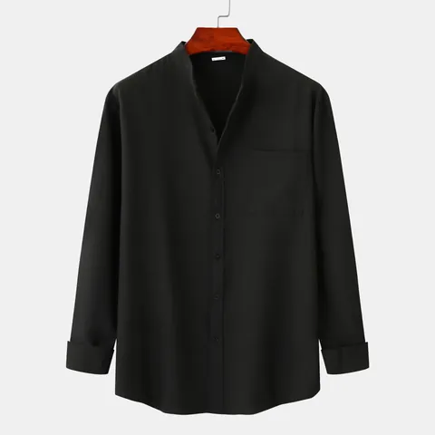 Chemise Décontractée en Coton Aspect Lin pour Hommes Couleur Unie Col Officier Manches Longues avec Poche Haut Casual