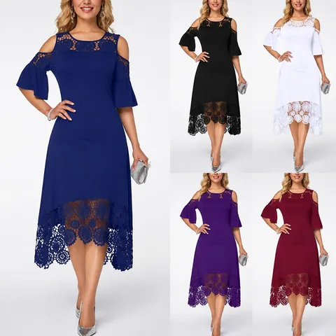 Abito da Donna Elegante con Spalle Scoperte e Patchwork in Pizzo Orlo con Volant Tinta Unita Taglie Forti Abito Midi da Festa