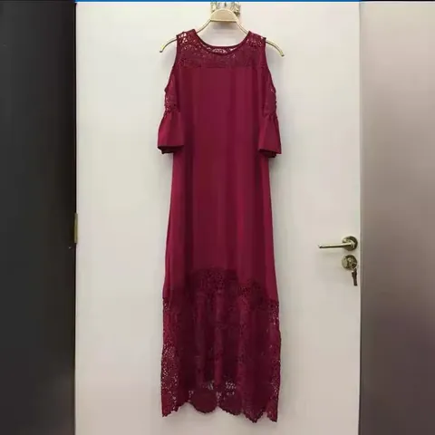 Abito da Donna Elegante con Spalle Scoperte e Patchwork in Pizzo Orlo con Volant Tinta Unita Taglie Forti Abito Midi da Festa