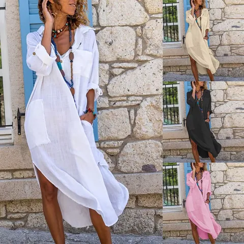 Women Casual Cotton Maxi Shirt Dress Button Down Side Split Long Sleeve Solid Loose Breathable Kaftan Dress With Pocket