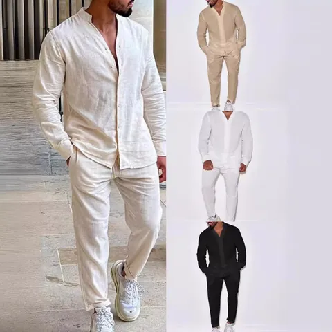 Men's Casual Linen Two Piece Set Long Sleeve Stand Collar Shirt And Pants Sporty Solid Color Fall Tracksuit Outfit For Men