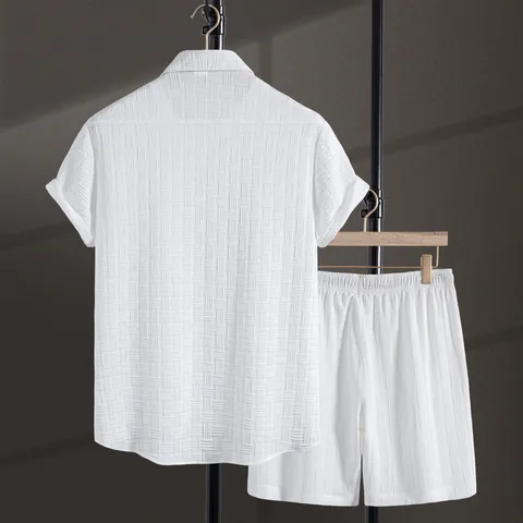 Men Cotton Jacquard Short Sleeve Shirt And Shorts Top And Bottom Casual Ethnic Summer Vacation Beach Clothing