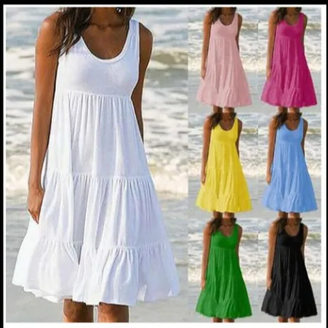 Robe Midi à Étages Sans Manches Col Rond Pour Femmes Épissage Grand Swing Robe de Plage Couleur Unie Polyester Robe Décontractée