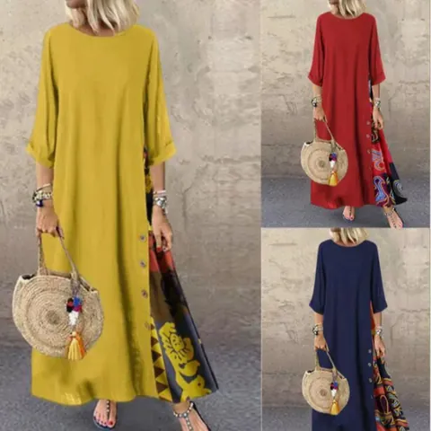 Vestido Largo Talla Grande Vintage para Mujer Patchwork Floral Algodón Lino Cuello Redondo Manga Tres Cuartos Botón Color Contraste Casual