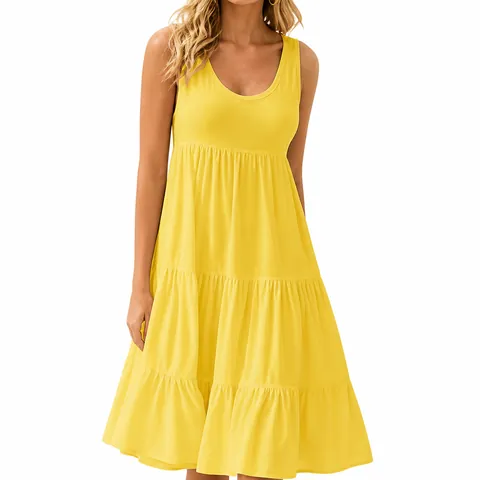 Robe Midi à Étages Sans Manches Col Rond Pour Femmes Épissage Grand Swing Robe de Plage Couleur Unie Polyester Robe Décontractée