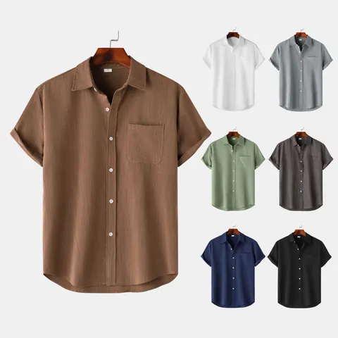 Camicia da Uomo Casual in Misto Cotone a Maniche Corte Smart Minimalista Rever Bottoni Look Lino Top Con Taschino Singolo
