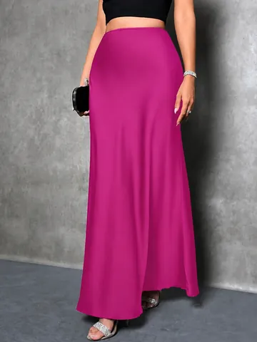Women Elegant High Waist Satin Midi Skirt Solid Color A-Line Silk Like Maxi Skirt For Spring Summer Office Daily Wear