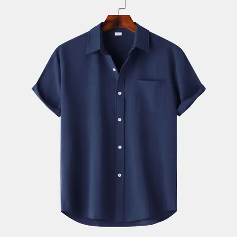 Camicia da Uomo Casual in Misto Cotone a Maniche Corte Smart Minimalista Rever Bottoni Look Lino Top Con Taschino Singolo