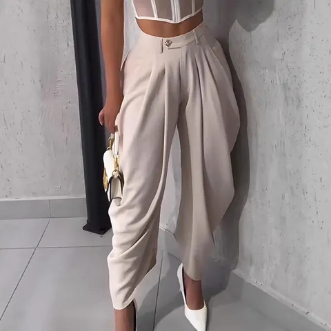 Pantalones de Tulipa de Cintura Alta para Mujer Color Sólido Plisados Cropped Pata Ancha Pantalones Urban Casual Moda Mujer