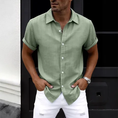 Camisa Casual de Manga Corta para Hombre Mezcla Algodón Poliéster Efecto Lino Texturizada Color Sólido Cuello de Solapa
