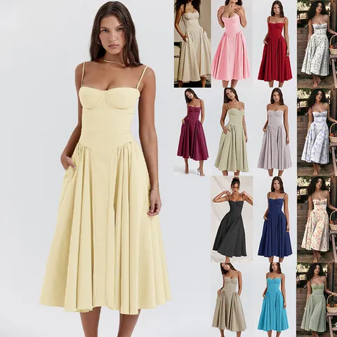 Robe Midi à Bretelles Spaghetti Style Palais Vintage pour Femme Corset Sexy Coupe Bustier Jupe Évasée en Ligne A