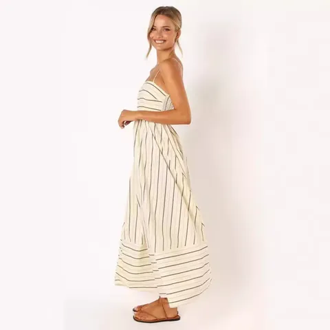 Women Striped Cami Maxi Dress Backless Flared Large Swing Vacation Dress Sleeveless Polyester Slim Fit Long Beach Sundress