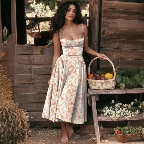 Robe Midi à Bretelles Spaghetti Style Palais Vintage pour Femme Corset Sexy Coupe Bustier Jupe Évasée en Ligne A