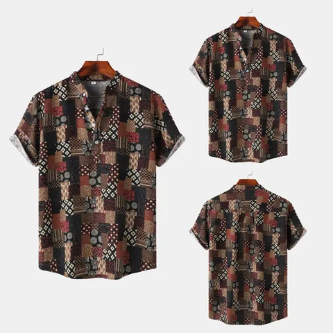 Men's Summer Hawaiian Shirt Casual Short Sleeve Top Linen Blend Ethnic Patchwork Print Loose Button Down Beach Shirt