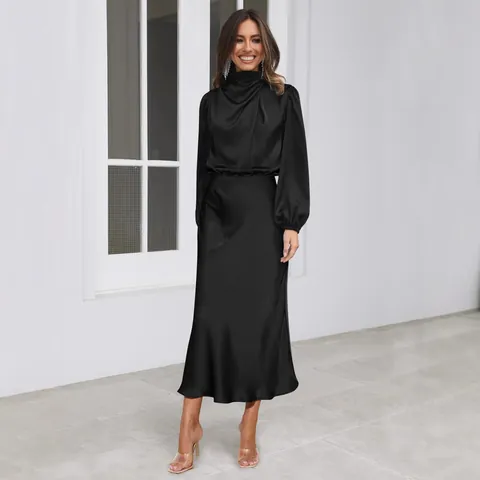 Women Elegant High Neck Satin Midi Dress Lantern Sleeve Pleated High Waist Polyester Evening Gown Party Dress