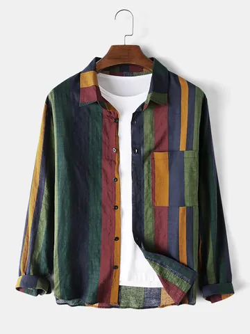 Camisa de Rayas Casual para Hombre Manga Larga Mezcla Algodón Lino Transpirable Color Block Vintage Solapa Ajuste Holgado