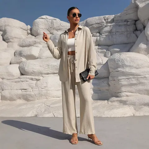 Women Casual Polyester Top And Bottom Set Long Sleeve Button Up Cardigan And Wide Leg Pants Solid Color Lounge Wear Suit