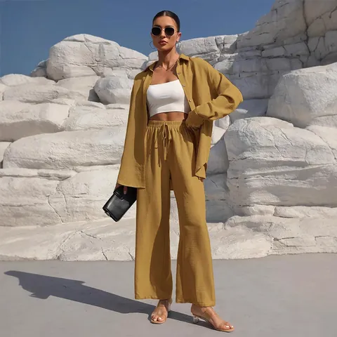Women Casual Polyester Top And Bottom Set Long Sleeve Button Up Cardigan And Wide Leg Pants Solid Color Lounge Wear Suit