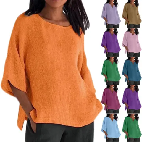 Women Casual Cotton Linen Blouse Round Neck 3/4 Sleeve Loose Fit Pullover Top Solid Color Fashion Shirt With Side Slits