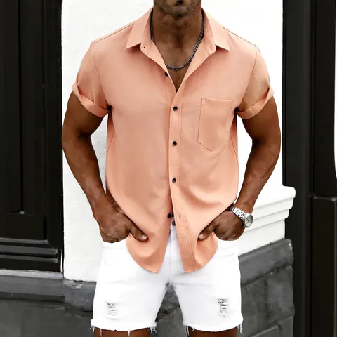 Chemise Décontractée à Manches Courtes pour Hommes Texture Couleur Unie Revers Haut à Boutons Avec Poche Poitrine Coupe Ajustée