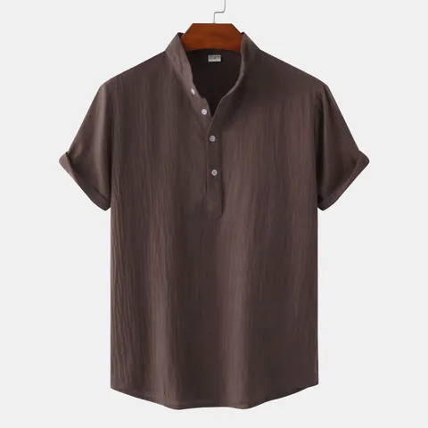 Chemise Décontractée en Mélange de Coton pour Hommes Col Montant Manches Courtes Été Respirant Couleur Unie Henley Top pour Hommes